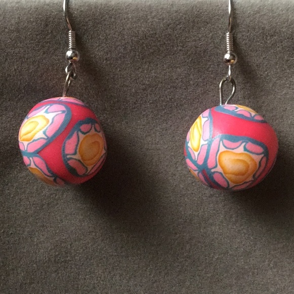 Festival Handmade Pink & Teal Clay Earrings - Picture 2 of 6